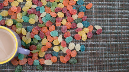 cocoa mug and sweets multicolored large flatlay