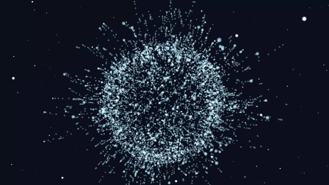 Dark background with animated sphere of moving particles. Science backdrop. Creative design element.