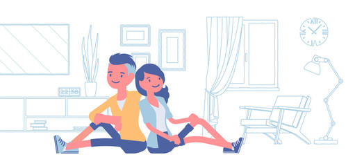 Young family dreaming of own house. Man and woman sitting in imaginable line drawing image of a new future flat, room vision with interior details and furniture. Vector flat style cartoon illustration