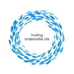 Fish flock form circle and moving inside ocean.