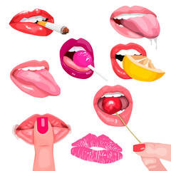 set of different mouths.  Attractive female lips with cigarette, cherry, lemon, lollipop, saliva, finger and kiss print. isolated on white background.