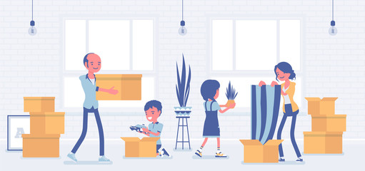 Family moving to a new flat. Happy parents and kids celebrate relocation, unpacking together essentials boxes in empty room, opening cardboards with belongings. Vector flat style cartoon illustration