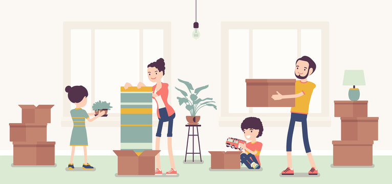 Family Moving To New Apartment. Happy Parents, Kids Celebrate Relocation, Unpacking Together Essentials Boxes In Empty Room, Opening Cardboards With Belongings. Vector Flat Style Cartoon Illustration