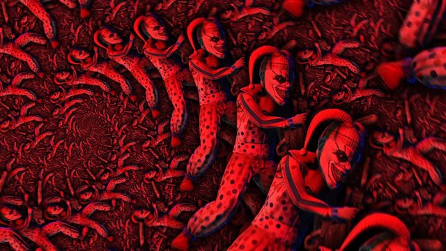 Spiral psychedelic halloween abstract background. Seamless animation of red and blue horror clown with a chainsaw in a twirl.