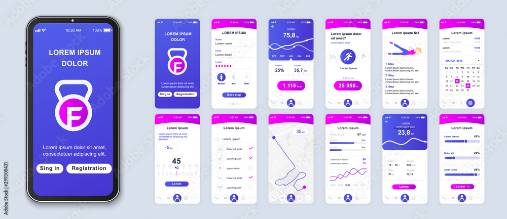 Fototapete fitness application smartphone interface vector templates set. web design ui kit. workout dashboard.