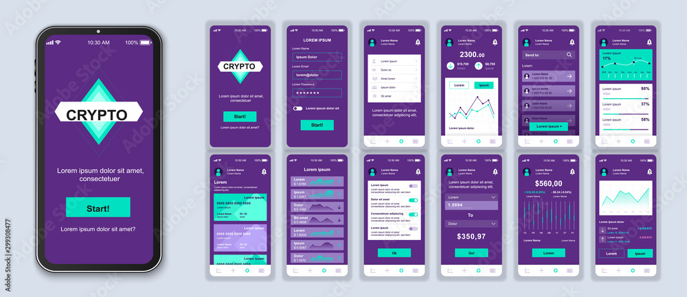 Fototapete cryptocurrency smartphone interface vector templates set. financial app. mobile wallet. web page des