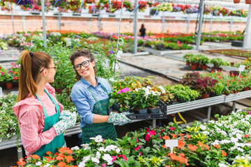 Young women working in beautiful garden center. Women enterpreneurs in team work.