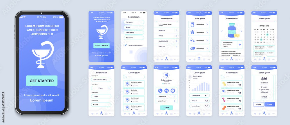 Poster Medicine smartphone interface vector templates set. Healthcare and lifestyle mobile app. Web page design layout. Pack of UI, UX, GUI screens for application. Phone display. Web design kit