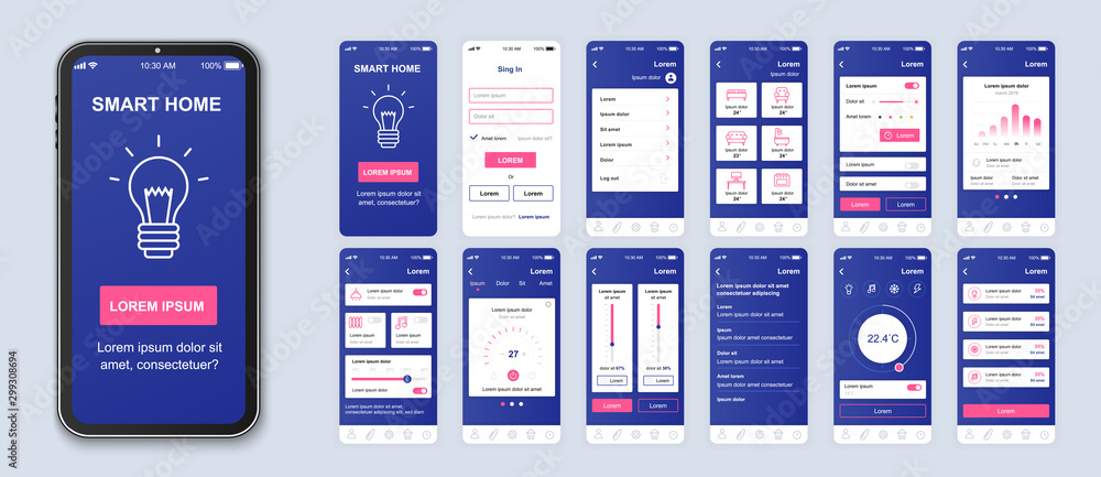 Aufkleber Smart home mobile app interface vector templates set. Remote temperature control. Web page design layout. Pack of UI, UX, GUI screens for application. Phone display. Web design kit