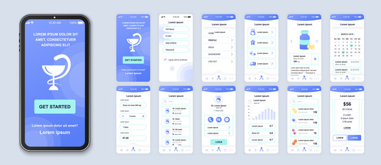 Medicine smartphone interface vector templates set. Healthcare and lifestyle mobile app. Web page design layout. Pack of UI, UX, GUI screens for application. Phone display. Web design kit - obrazy, fototapety, plakaty