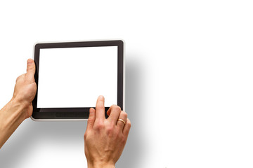 Digital tablet computer with isolated screen in male hands background