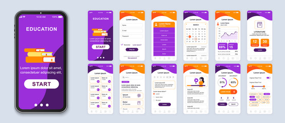 Education mobile app smartphone interface vector templates set. Online courses web page design layout. Remote studying. Pack of UI, UX, GUI screens for application. Phone display. Web design kit - obrazy, fototapety, plakaty