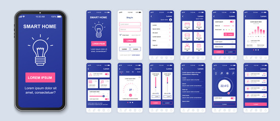 Smart home mobile app interface vector templates set. Remote temperature control. Web page design layout. Pack of UI, UX, GUI screens for application. Phone display. Web design kit - obrazy, fototapety, plakaty