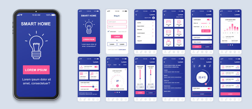 Smart home mobile app interface vector templates set. Remote temperature control. Web page design layout. Pack of UI, UX, GUI screens for application. Phone display. Web design kit