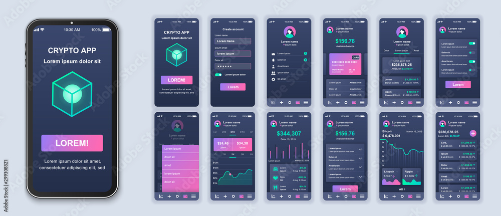 Poster Cryptocurrency app smartphone interface design vector templates set. Mobile wallet. Crypto blockchain. Investing online. Web page design layout. Pack of UI, UX, GUI screens for application kit