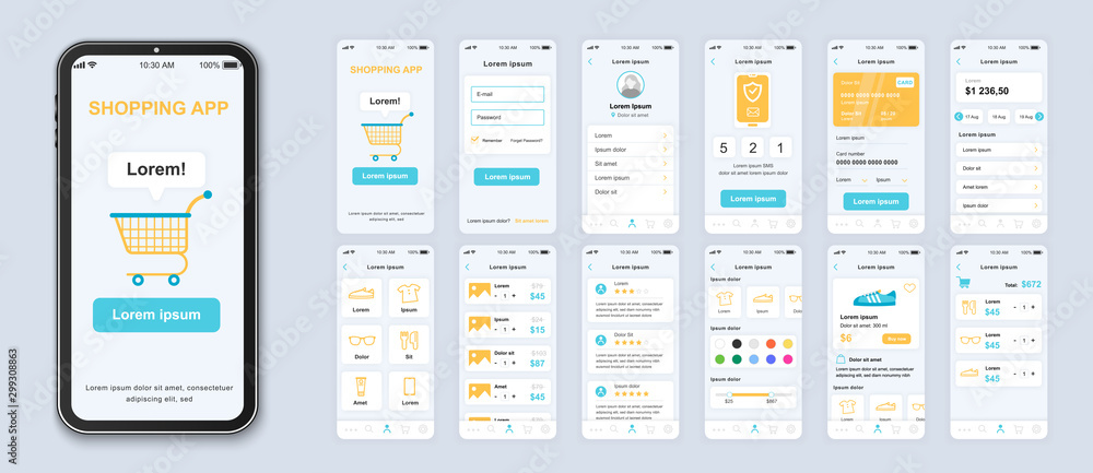 Poster Shopping app interface design vector templates set. Online fashion store web page design layout. Pack of UI, UX, GUI screens for application. Phone display. Mobile clothes shop web design kit