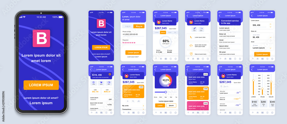 Poster banking smartphone interface vector templates set. e wallet app. credit and deposit online. web page