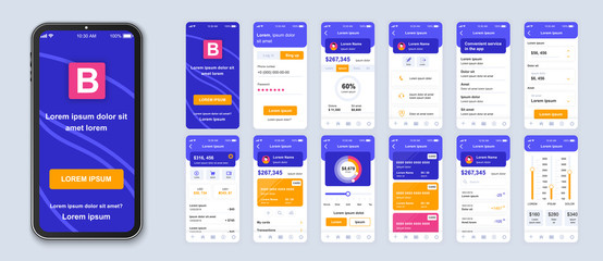 Banking smartphone interface vector templates set. E wallet app. Credit and deposit online. Web page design layout. Pack of UI, UX, GUI screens for application. Phone display. Web design kit