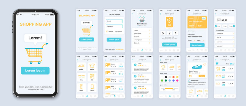 Shopping app interface design vector templates set. Online fashion store web page design layout. Pack of UI, UX, GUI screens for application. Phone display. Mobile clothes shop web design kit