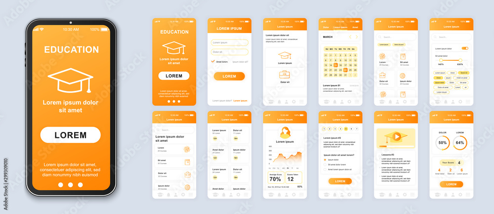 Poster Education smartphone interface vector templates set. Studying online mobile app orange web design layout. Pack of UI, UX, GUI screens for application. Phone display. Web design kit