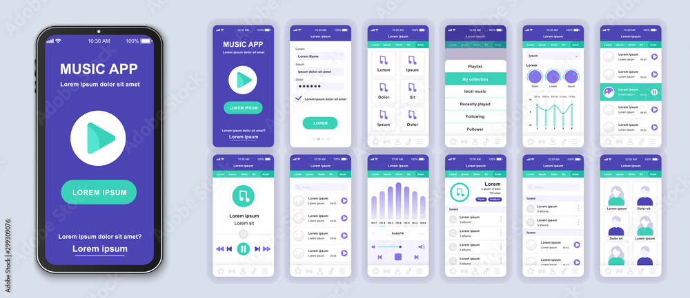 Poster music mobile app interface design vector templates set. musical albums. online audio playlist. smart