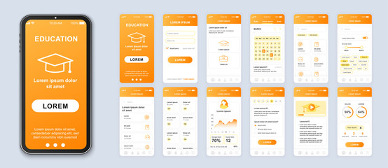 Education smartphone interface vector templates set. Studying online mobile app orange web design layout. Pack of UI, UX, GUI screens for application. Phone display. Web design kit