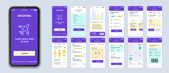 Booking smartphone interface vector templates set. Travel app web page purple design layout. Pack of UI, UX, GUI screens for planning trip application. Phone display. Web design kit - obrazy, fototapety, plakaty