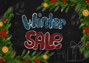 Winter sale lettering on graphic christmas background