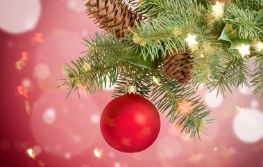 Red bauble on green christmas fir tree on white background
