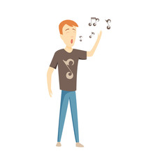 Cartoon male superstar singer singing. Singer performing happily. Vector character.