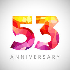 53 th anniversary numbers. 53 years old yellow coloured logotype. Age congrats, congratulation idea. Isolated abstract graphic design template. Creative 3, 5 3D digits. Up to 53% percent off discount.