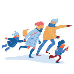 Family of father, mother and kids in warm clothes hurrying, rushing, running fast to shopping, bus, train, being late, flat cartoon vector illustration isolated on white background