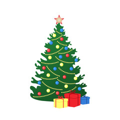 Christmas card. Christmas tree with Christmas decorations. Star, toys, balls, gifts