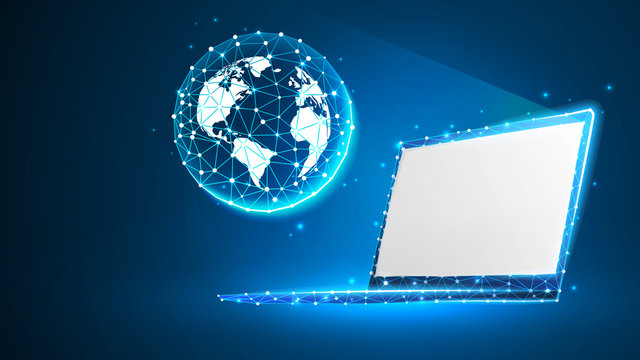 Planet Earth on white laptop screen. Global World, networking concept. Abstract, digital, wireframe, low poly mesh, polygonal Raster blue neon 3d illustration with connected dots and lines