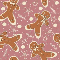 Cute Winter Seamless Pattern with gingerbread cookies.
