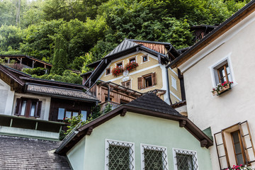 Hallstadt, Austria - July 2019. Beautiful houses of Hallstadt