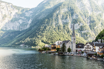 Hallstadt, Austria - July 2019: Beautiful panorama of Hallstadt, Austria. Tourist destination.