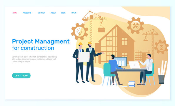 Project management and house construction vector, people with plan and scheme of building, designers working on laptops using applications. Website or webpage template, landing page flat style