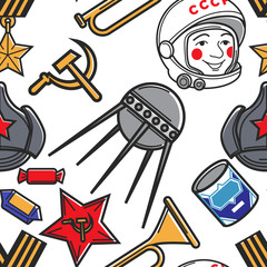 USSR symbols Soviet Union seamless pattern retro items