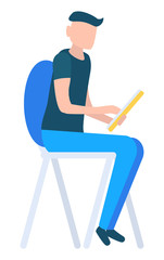 Man sitting on chair and using electronic device. Person working or studying on tablet in his hands. Male typing on touchscreen. Human isolated on white background. Vector illustration in flat style