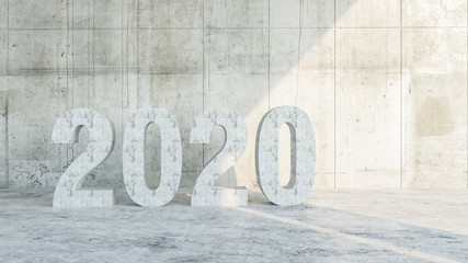 No. 2020. Text from flooded concrete against the background of an old concrete wall lit by sunlight, conceptual interior design