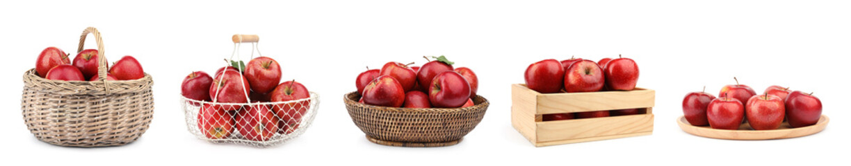 Set of fresh ripe red apples on white background