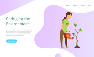 Caring for environment, woman holding watering-can, volunteer watering tree, support of ecosystem, agriculture community, volunteering vector. Website or slider app, landing page flat style
