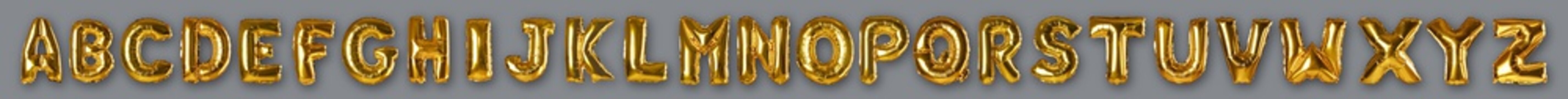 Set with golden foil balloons in shape of letters on grey background