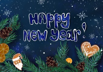 Winter christmas wallpaper or background for design with christmas tree, orange