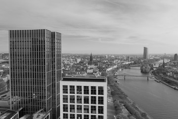 Frankfurt am Main Aerial view with drone. Looking towards the central bank. Main river flowing near Frankfurt. Frankfurt am Main Germany 30.10.2019