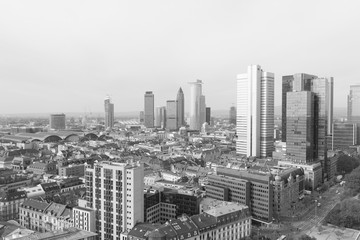 Frankfurt am Main Aerial view with drone. Looking towards the central bank. Main river flowing near Frankfurt. Frankfurt am Main Germany 30.10.2019