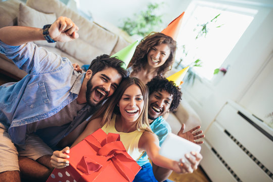 Young Group Of Happy Friends Celebrating Birthday, Make Selfie Photo.