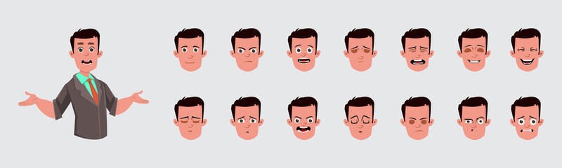 Businessman with different facial expression set. Character sheet for your design, animation, motion or something else.