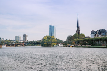 Frankfurt am Main Aerial view with drone. Looking towards the central bank. Main river flowing near...